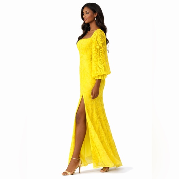 Sequin Yellow Formal Evening Gown With Balloon Sleeves - Picture 5 of 9
